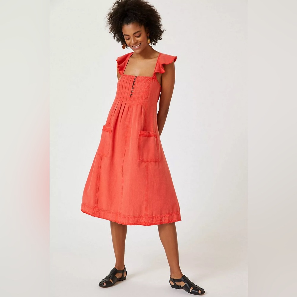 Anthropologie Pilcro Open Back Pleated Midi Dress Red Coral Small GUC y0890